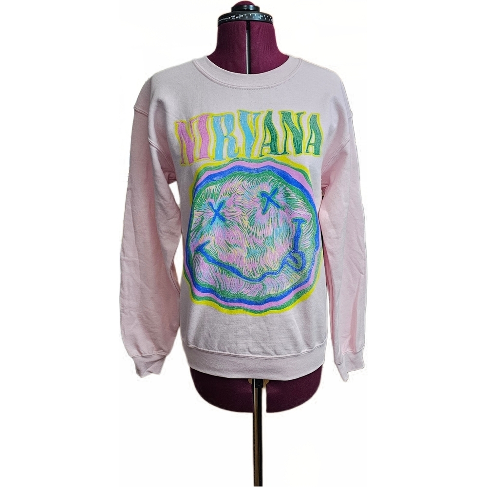 NIRVANA Pink Crew Neck Sweatshirt Vibrant Smiley Face Graphic NWOT Unisex